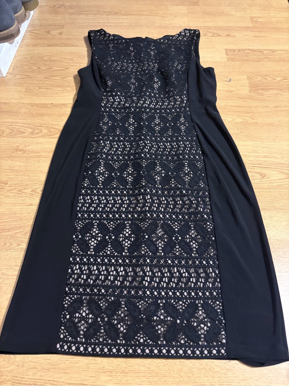 Sleeveless Black Midi Dress with Lace Front Panel